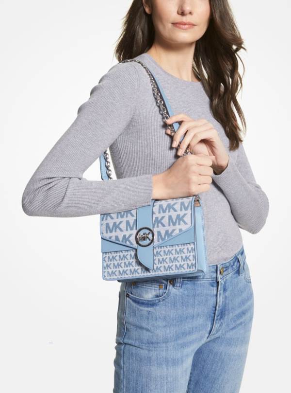 Damske Spojková Taška Michael Kors Greenwich Small Logo Jacquard and Leather Námornícka Modrá - Kabelky Michael Kors Lacne | FTIWY-3749